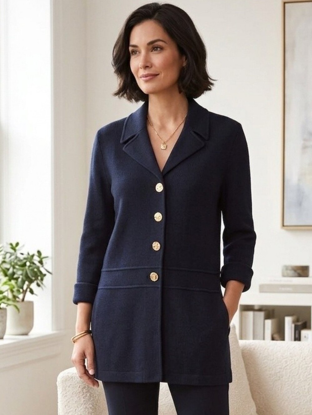 St. John Collection Navy Blue Gold Button Designer Santana Knit Blazer Jacket 12